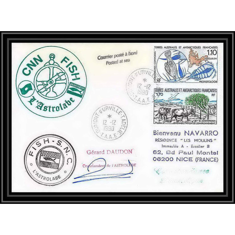 1697 fish astrobale 12/12/1990 Signé signed daudon TAAF Antarctic terres australes Lettre (cover)