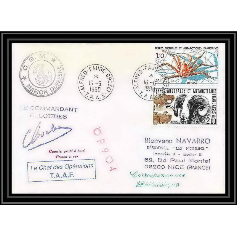 1703 op 90/4 marion dufresne 16/6/1990 Signé signed loudes TAAF Antarctic terres australes Lettre (cover)