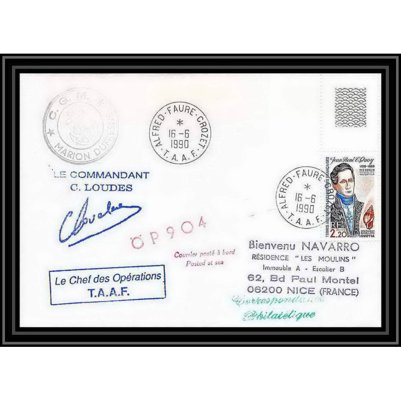 1704 op 90/4 marion dufresne 16/6/1990 Signé signed loudes TAAF Antarctic terres australes Lettre cover coin de feuille