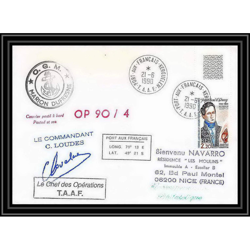 1705 op 90/4 marion dufresne 21/6/1990 Signé signed loudes TAAF Antarctic terres australes Lettre (cover)