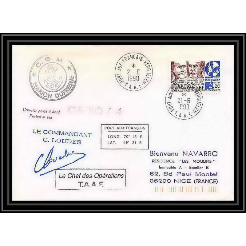 1708 op 90/4 marion dufresne 21/6/1990 Signé signed loudes TAAF Antarctic terres australes Lettre (cover)