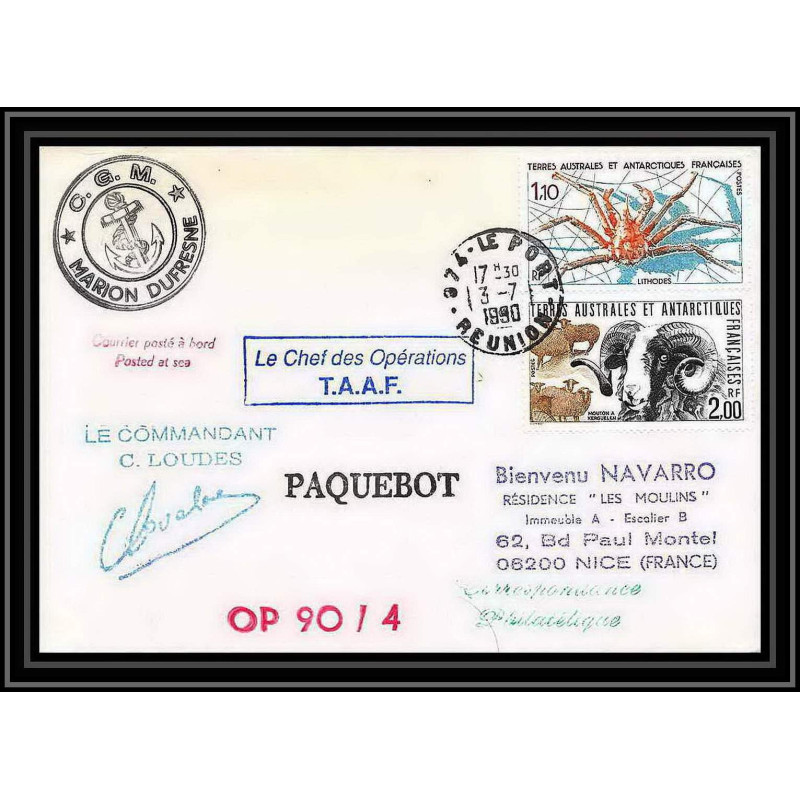 1709 op 90/4 marion dufresne 3/7/1990 Signé signed loudes TAAF Antarctic terres australes Lettre (cover)
