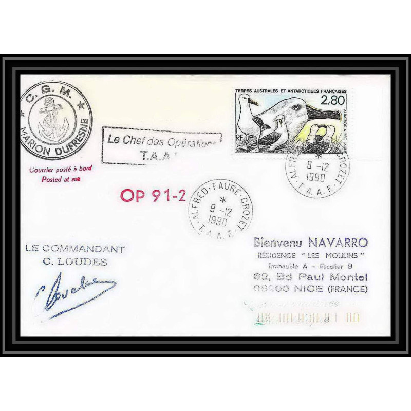 1714 op 91/2 marion dufresne 9/12/1990 Signé signed loudes TAAF Antarctic terres australes Lettre (cover)