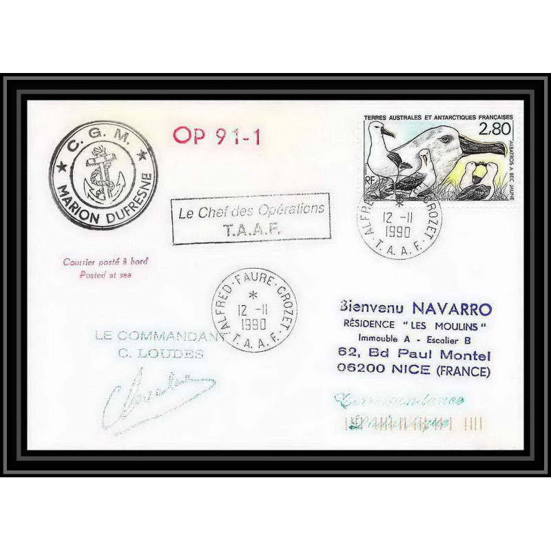 1717 op 91/2 marion dufresne 12/11/1990 Signé signed loudes TAAF Antarctic terres australes Lettre (cover)