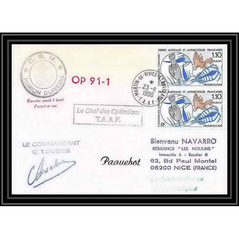 1718 op 91/2 marion dufresne 23/11/1990 Signé signed loudes TAAF Antarctic terres australes Lettre (cover)