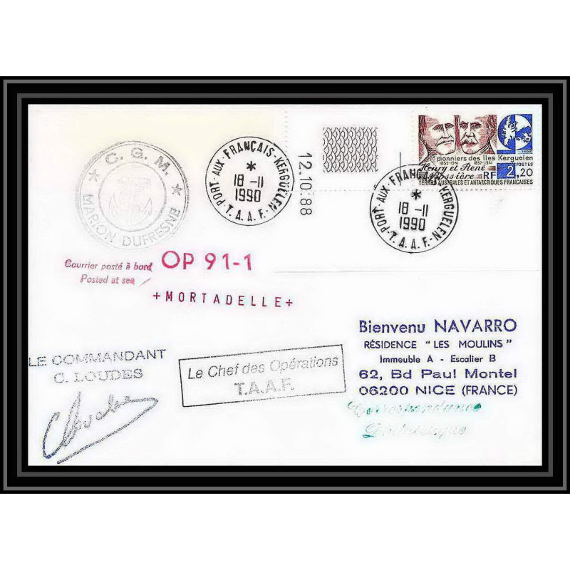 1723 op 91/2 marion dufresne 18/11/1990 Signé signed loudes TAAF Antarctic terres australes Lettre cover coin de feuille