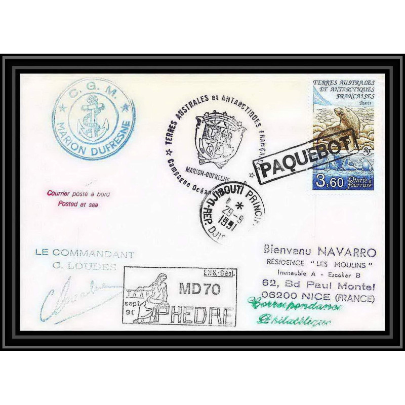 1742 md 70 hedre djibouti Signé signed loudes 29/9/1991 obl paquebot TAAF Antarctic terres australes Lettre (cover)