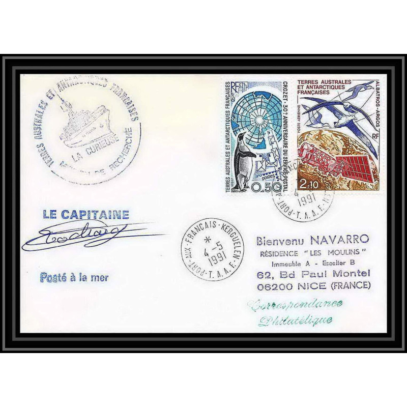 1747 navire la curieuse Signé signed 4/5/1991 TAAF Antarctic terres australes Lettre (cover)