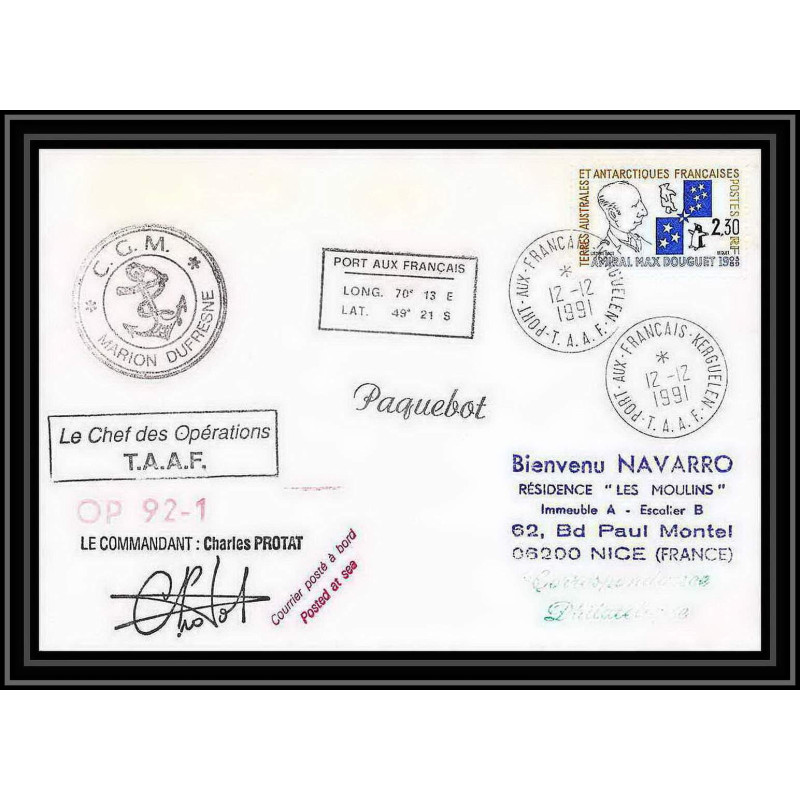 1756 op 92/1 Signé signed protat 12/12/1991 marion dufresne TAAF Antarctic terres australes Lettre (cover)