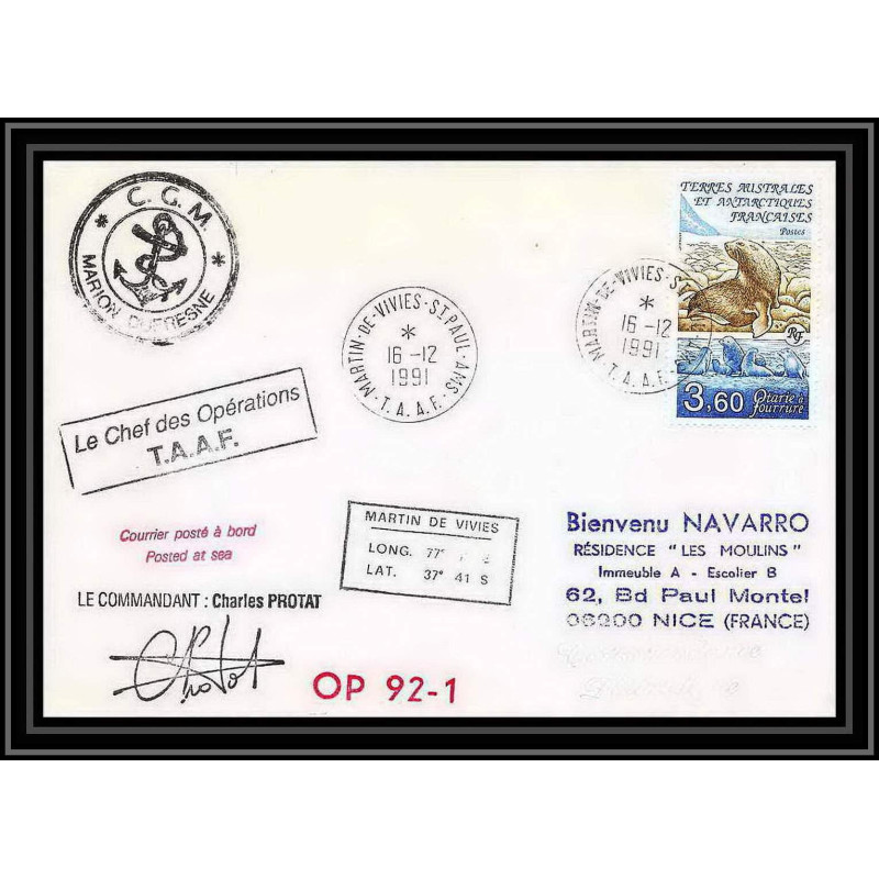 1758 op 92/1 Signé signed protat 16/12/1991 marion dufresne TAAF Antarctic terres australes Lettre (cover)