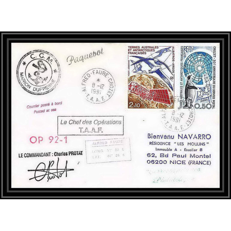 1759 op 92/1 Signé signed protat 8/12/1991 marion dufresne TAAF Antarctic terres australes Lettre (cover)