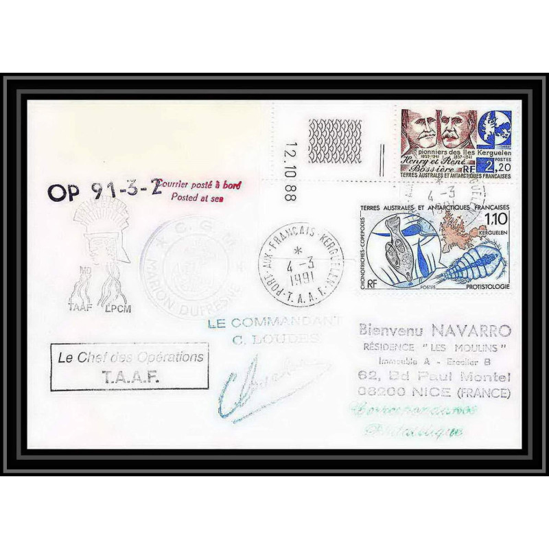 1766 op 91-3-2 Signé signed loudes 4/3/1991 marion dufresne TAAF Antarctic terres australes Lettre (cover) coin daté