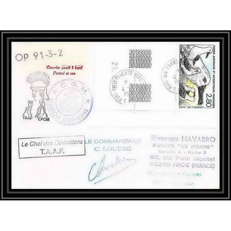 1770 op 91-3-2 Signé signed loudes 4/3/1991 marion dufresne TAAF Antarctic terres australes Lettre (cover) coin daté