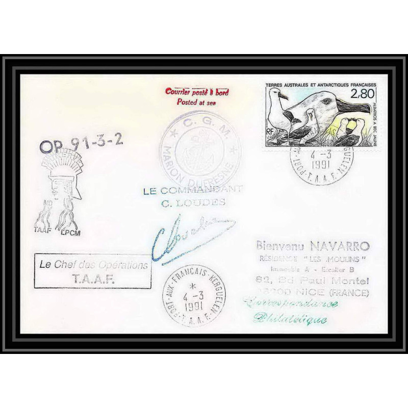 1771 op 91-3-2 Signé signed loudes 4/3/1991 marion dufresne TAAF Antarctic terres australes Lettre (cover)
