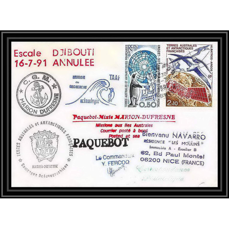 1795 escale djibouti annulée Signé signed ferocq 25/7/1991 TAAF Antarctic terres australes Lettre (cover) paquebot