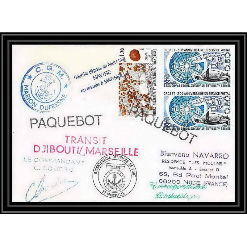 1797 transit djibouti marseille Signé signed loudes 1991 TAAF Antarctic terres australes Lettre (cover)