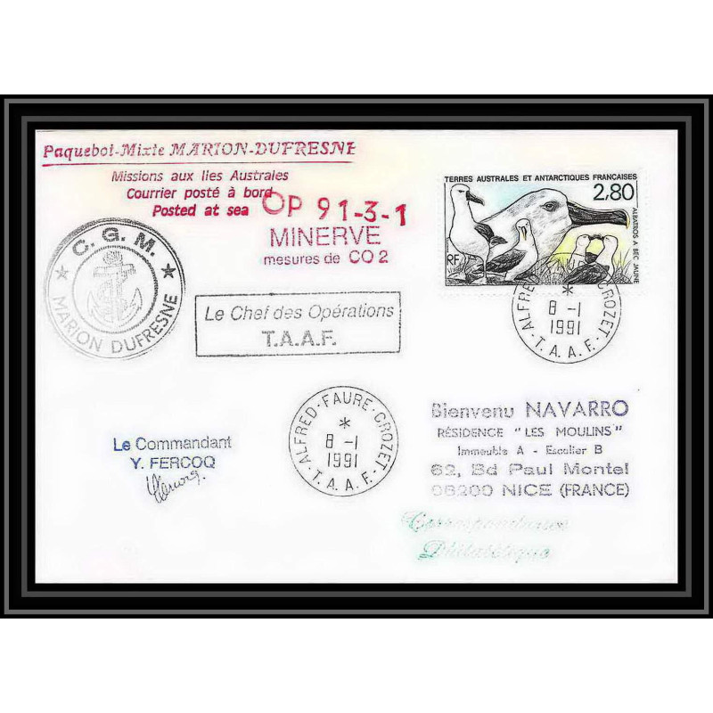 1802 op 91/3-1 minerve mesure co2 Signé signed ferocq 8/11991 TAAF Antarctic terres australes Lettre (cover)