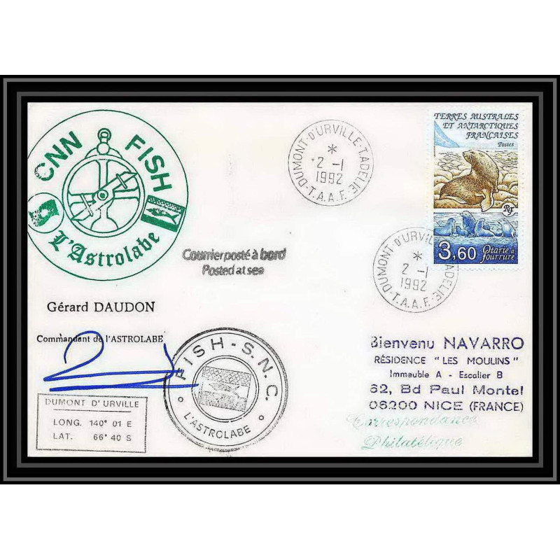 1809 astrobale Signé signed daudon 2/1/1992 TAAF Antarctic terres australes Lettre (cover)