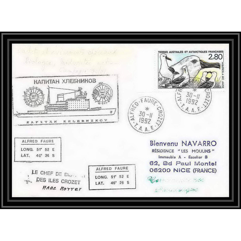 1822 kapitan khlebnikov Signé signed mottet 30/11/1992 TAAF Antarctic terres australes Lettre (cover)