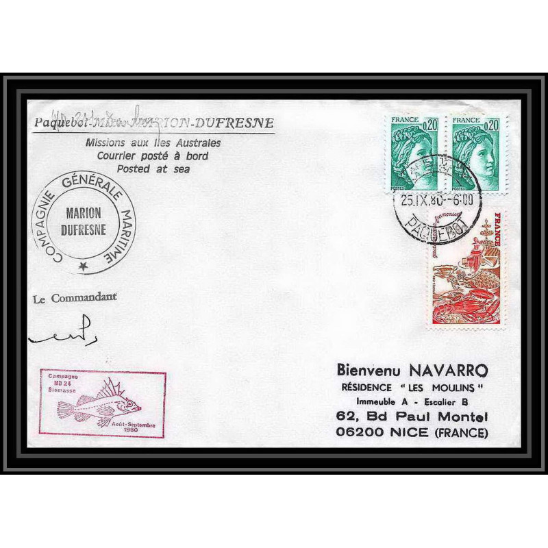 2187 campagne md 24 biomasse marion dusfresne 25/9/1980 Signé signed TAAF Antarctic terres australes Lettre (cover)