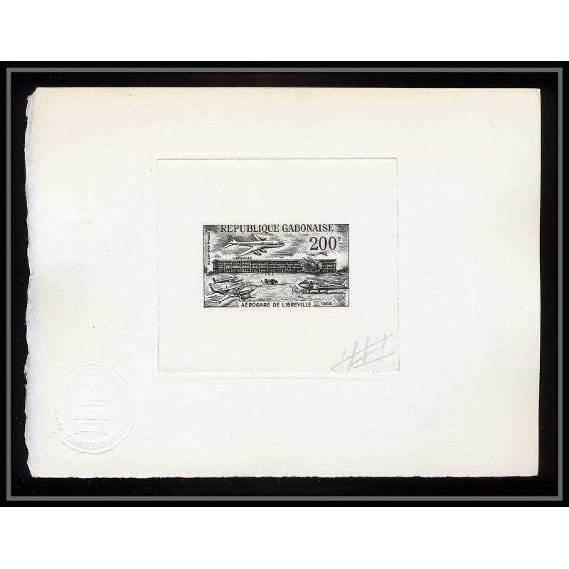 0898 Epreuve d'artiste artist proof Gabon (gabonaise) PA y&t 51 aerogare de libreville avion plane Signé signed autograp