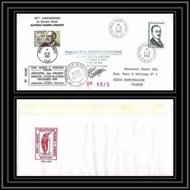 2243 ANTARCTIC terres australes TAAF lettre cover Dufresne 3/2/1982 Signé signed OP 82/3 CROZET