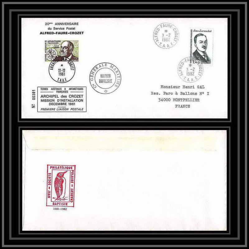 2244 ANTARCTIC terres australes TAAF lettre cover Dufresne 3/2/1982 crozet maison d'installation