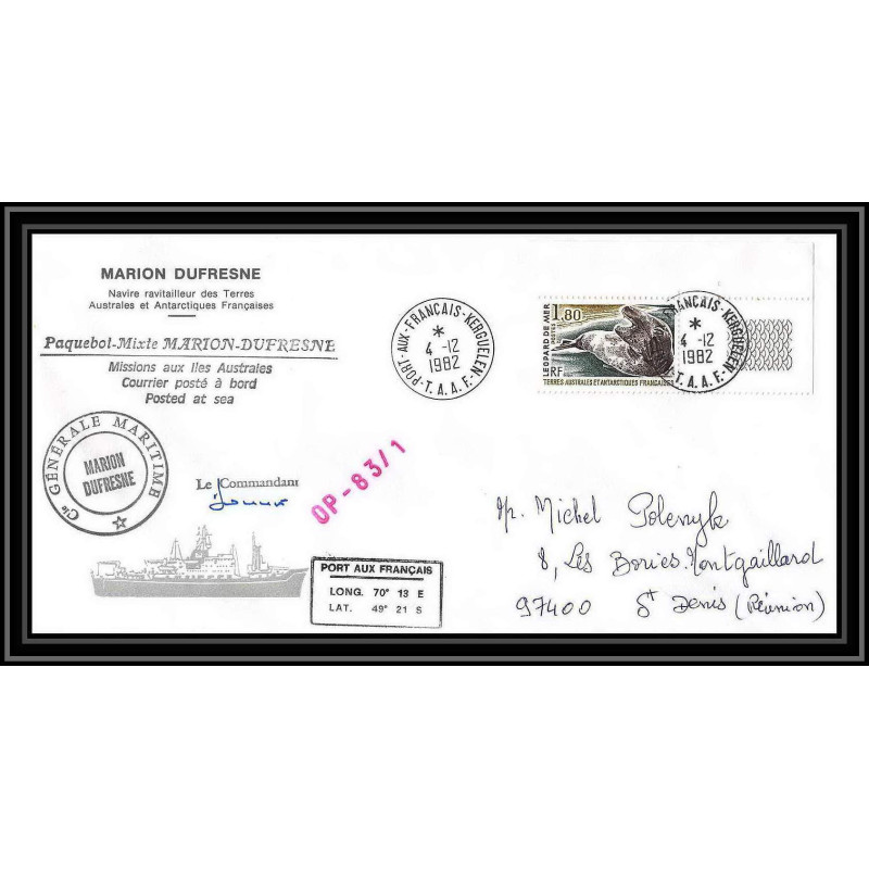 2251 ANTARCTIC terres australes TAAF lettre cover Dufresne OP 83/1 Signé signed 4/12/1982 coin de feuille sea leopard