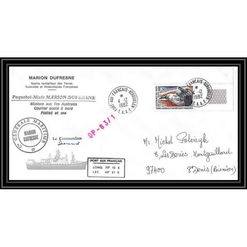 2252 ANTARCTIC terres australes TAAF lettre cover Dufresne OP 83/1 Signé signed 4/12/1982 coin de feuille sea leopard