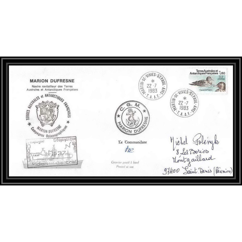 2257 ANTARCTIC terres australes TAAF lettre cover Dufresne 22/7/1983 Signé signed md 37 la réunion oiseaux (birds)