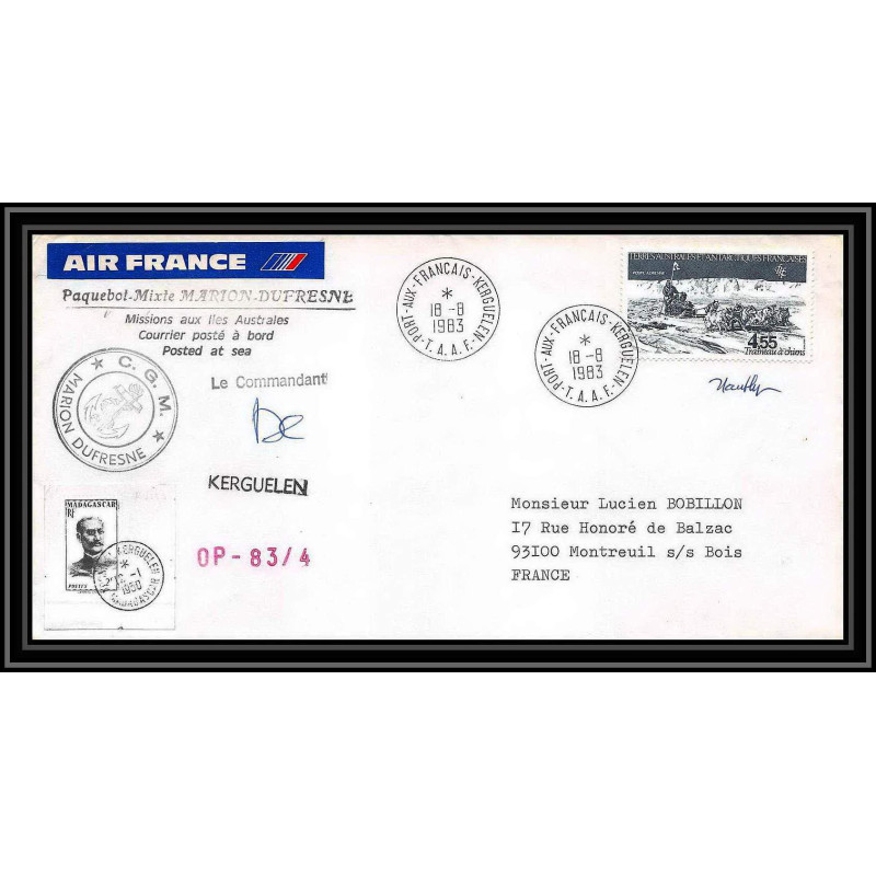 2269 ANTARCTIC terres australes TAAF lettre cover Dufresne OP 83/4 18/8/1983 Signé signed chiens traineau dog