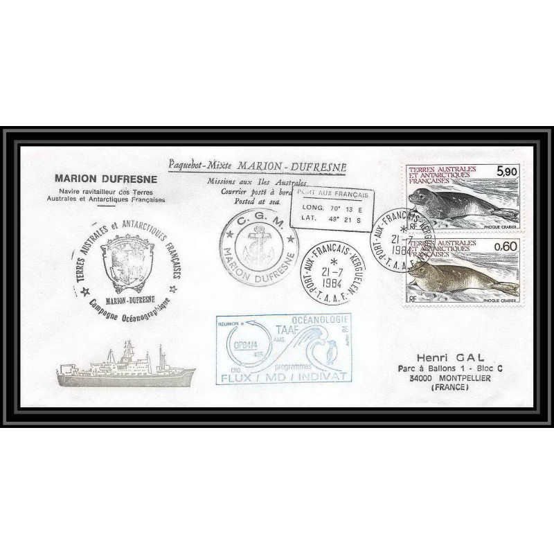 2277 ANTARCTIC terres australes TAAF lettre cover Dufresne OP 84/4 21/7/1984 phoque seal