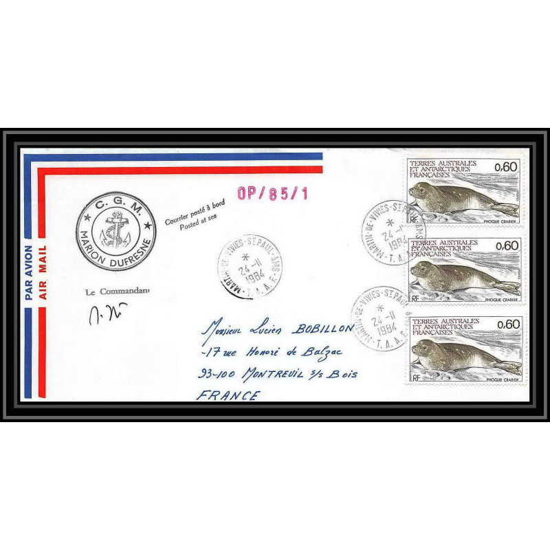 2280 ANTARCTIC terres australes TAAF lettre cover Dufresne OP 85/1 Signé signed 24/11/1984 phoque seal