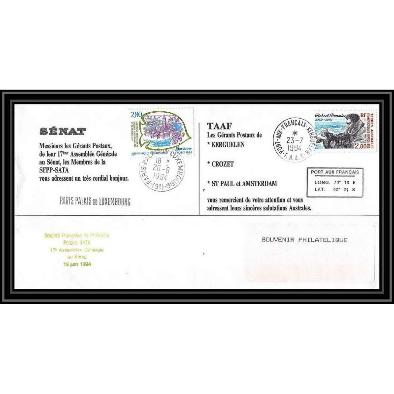 2281 ANTARCTIC terres australes TAAF lettre cover Dufresne 23/6/1994 sénat chiens traineau dog