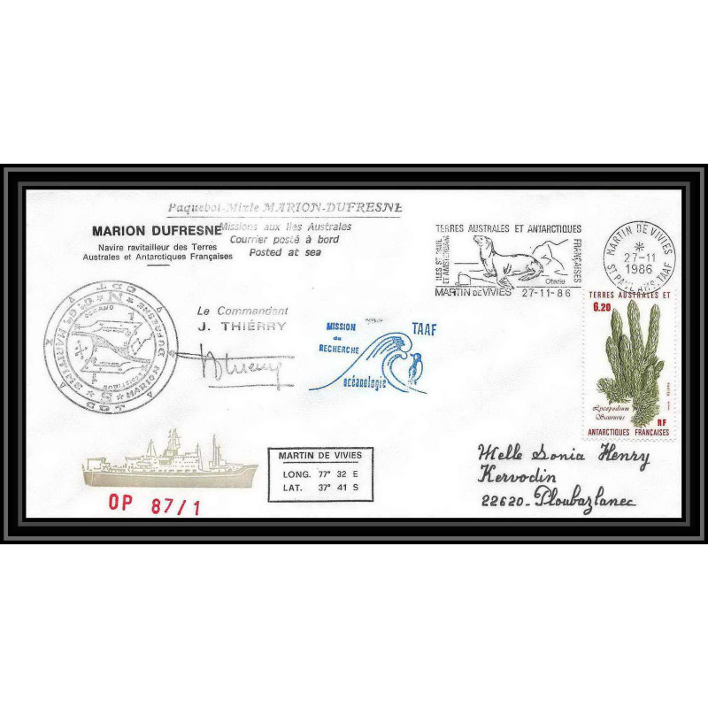 2291 ANTARCTIC terres australes TAAF lettre cover Dufresne OP 86/1 Signé signed 27/11/1986