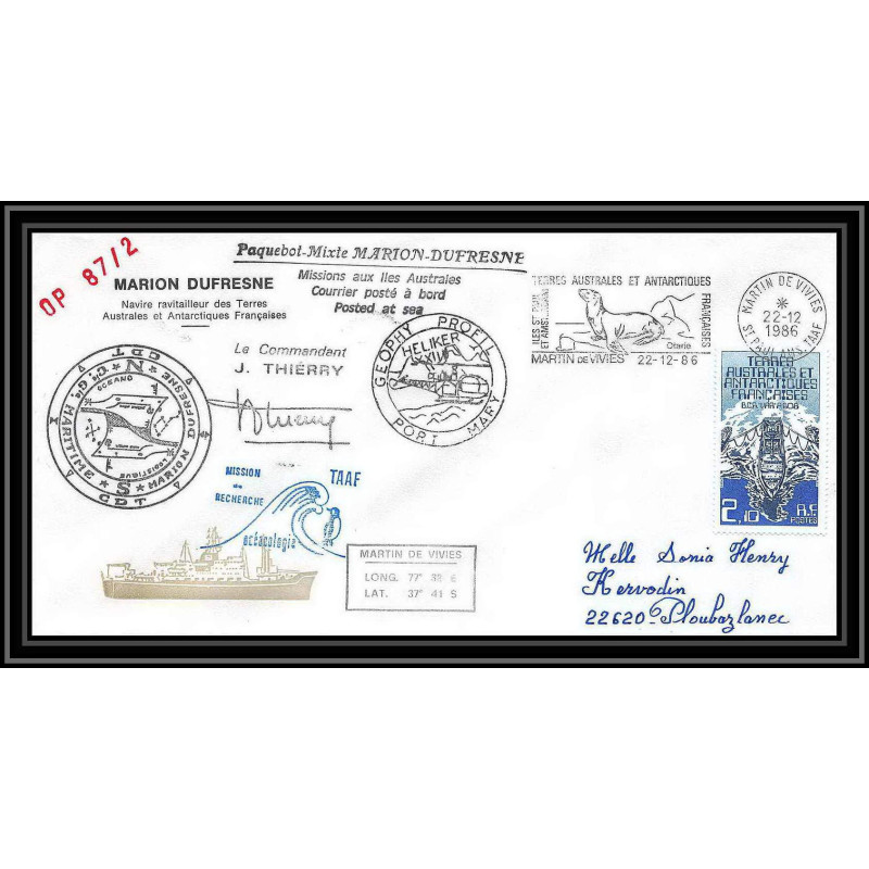 2295 ANTARCTIC terres australes TAAF lettre cover Dufresne OP 87/2 Signé signed 22/12/1986 otarie