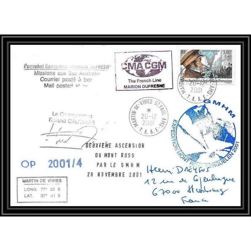 2378 ANTARCTIC terres australes TAAF lettre cover Dufresne 2 N°274 OP 2001/4 Signé signed 20/12/2001