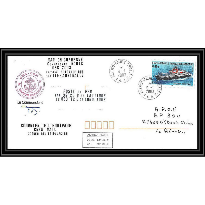 2387 ANTARCTIC terres australes TAAF lettre cover Dufresne 2 N°330 obs 9/1/2003 Signé signed