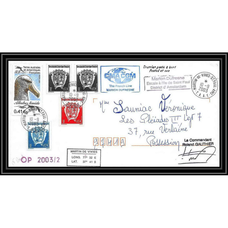 2413 Dufresne 2 Signé signed op 2003/2 crozet 10/9/2003 ANTARCTIC (taaf) Lettre cover albatros oiseaux (birds)