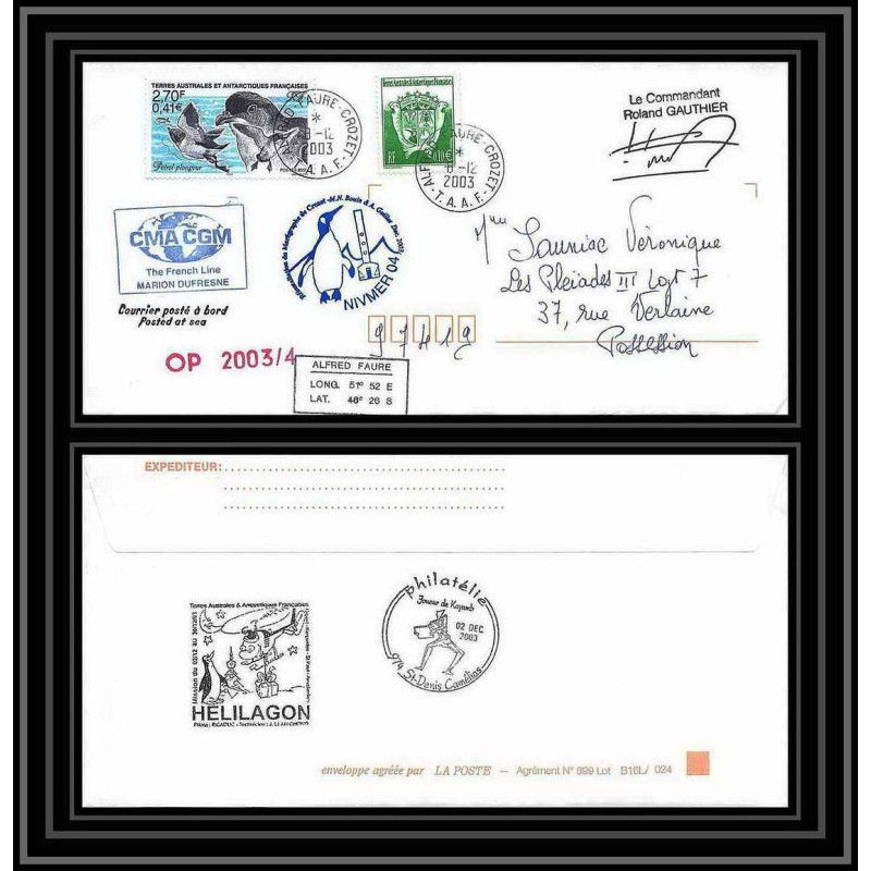 2421 Dufresne 2 Signé signed op 2003/4 8/12/2003 N°288 terres australes (taaf) Lettre cover petrel oiseaux (birds)