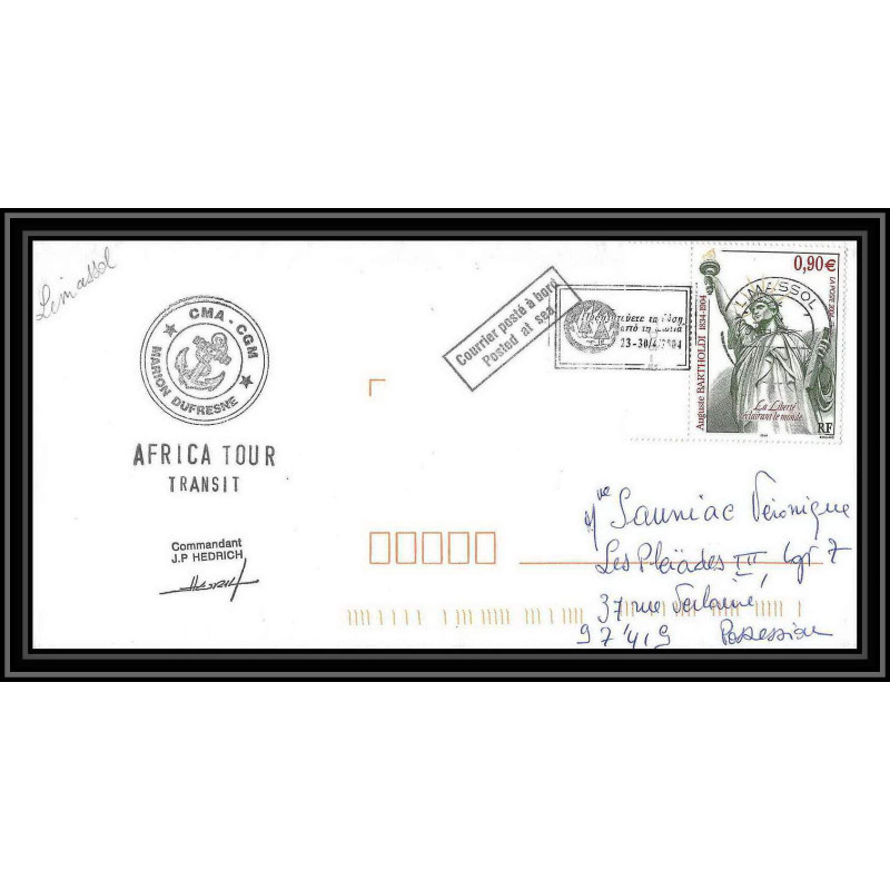 2441 Dufresne 2 Signé signed AFRICA TOUR TRANSIT LIMASSOL 6/5/2004 terres australes (taaf) Lettre cover liberty statue