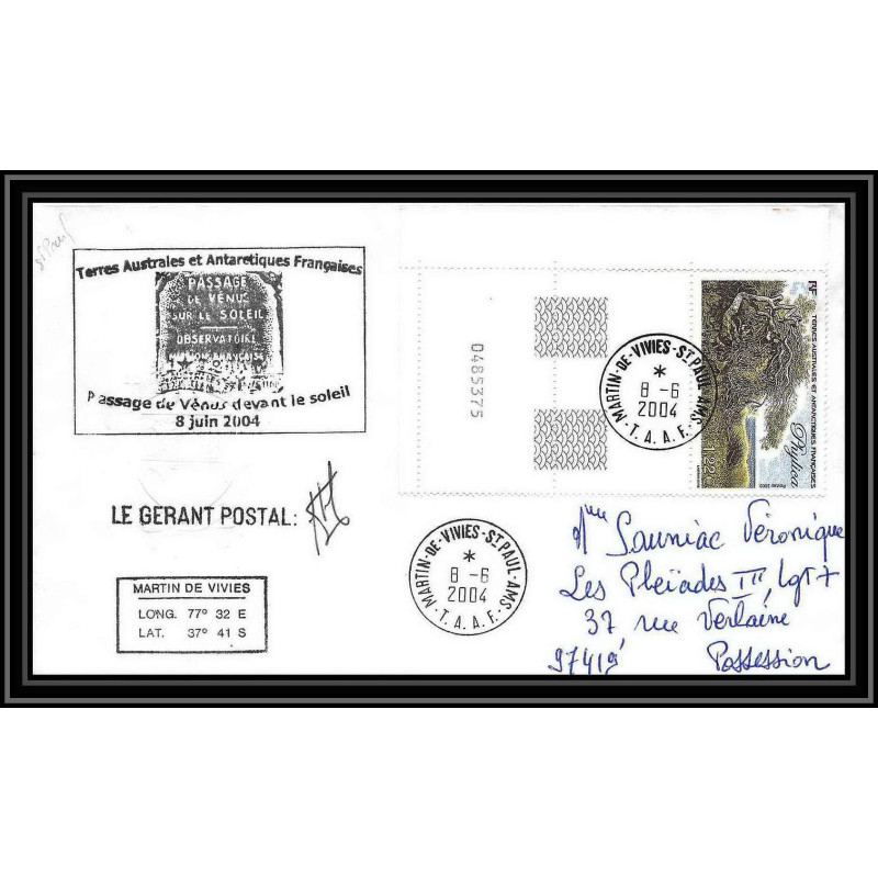 2448 terres australes TAAF lettre Dufresne 2 Signé signed N°363 PASSAGE DE VENUS DEVANT LE SOLEIL 2004 coin daté
