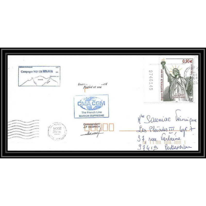 2452 ANTARCTIC Lettre cover Dufresne 2 Signé signed hedrich malte (malta) 18/6/2004 liberty statue
