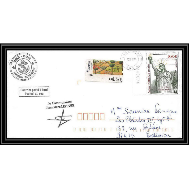 2453 ANTARCTIC Lettre cover Dufresne 2 Signé signed lefevre espagne las palmas 13/8/2004 liberty statue