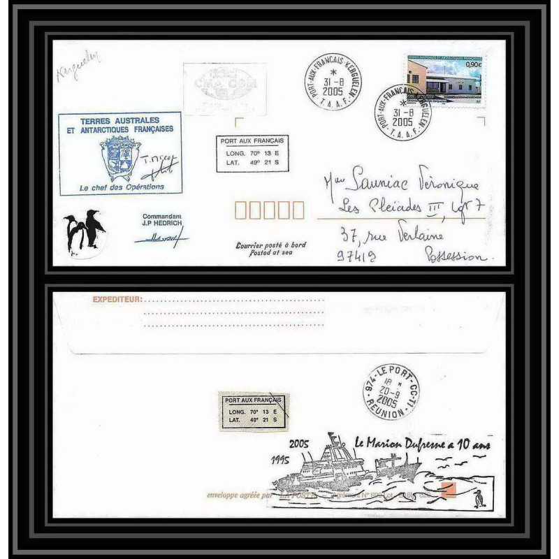 2518 ANTARCTIC terres australes TAAF lettre cover 10 ans du Dufresne 2 Signé signed N°397 KERGUELEN 31/8/2005