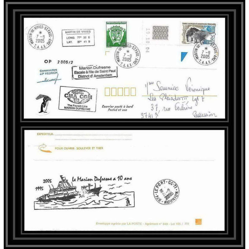 2521 ANTARCTIC terres australes TAAF lettre cover 10 ans du Dufresne 2 Signé signed N°406 7/9/2005 coin daté