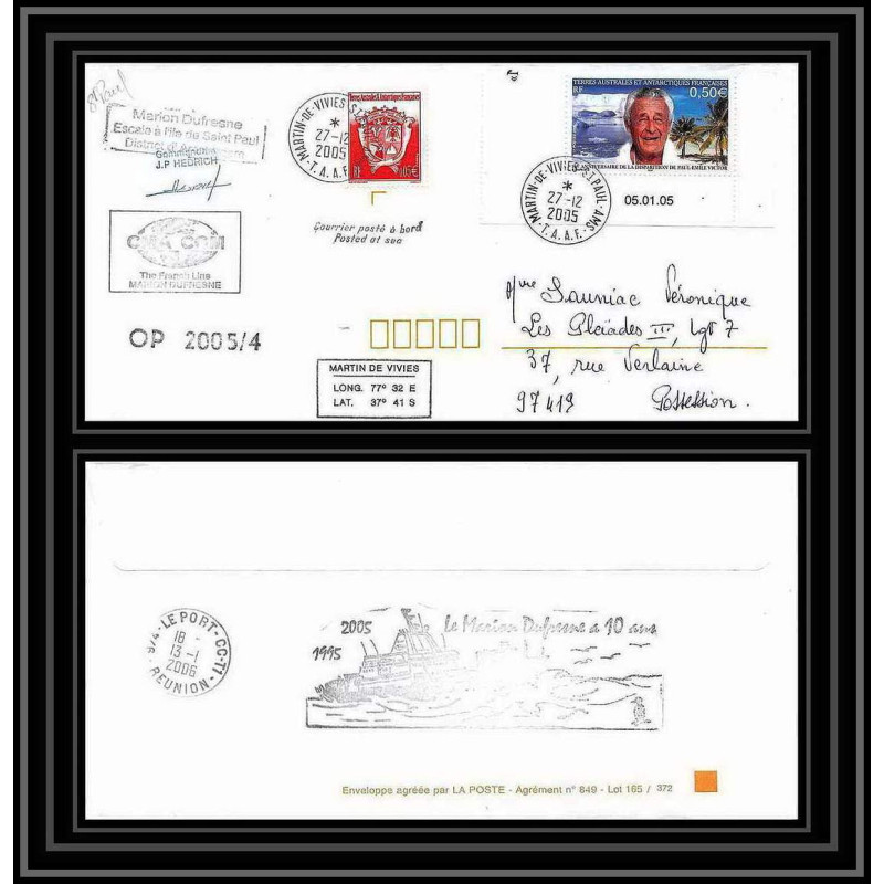 2548 ANTARCTIC terres australes TAAF lettre 10 ans du Dufresne 2 Signé signed OP 2005/4 st paul 27/12/2005 N°417