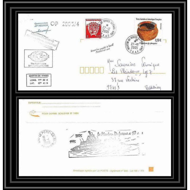 2549 ANTARCTIC terres australes TAAF lettre 10 ans du Dufresne 2 Signé signed OP 2005/4 st paul 27/12/2005 N°409