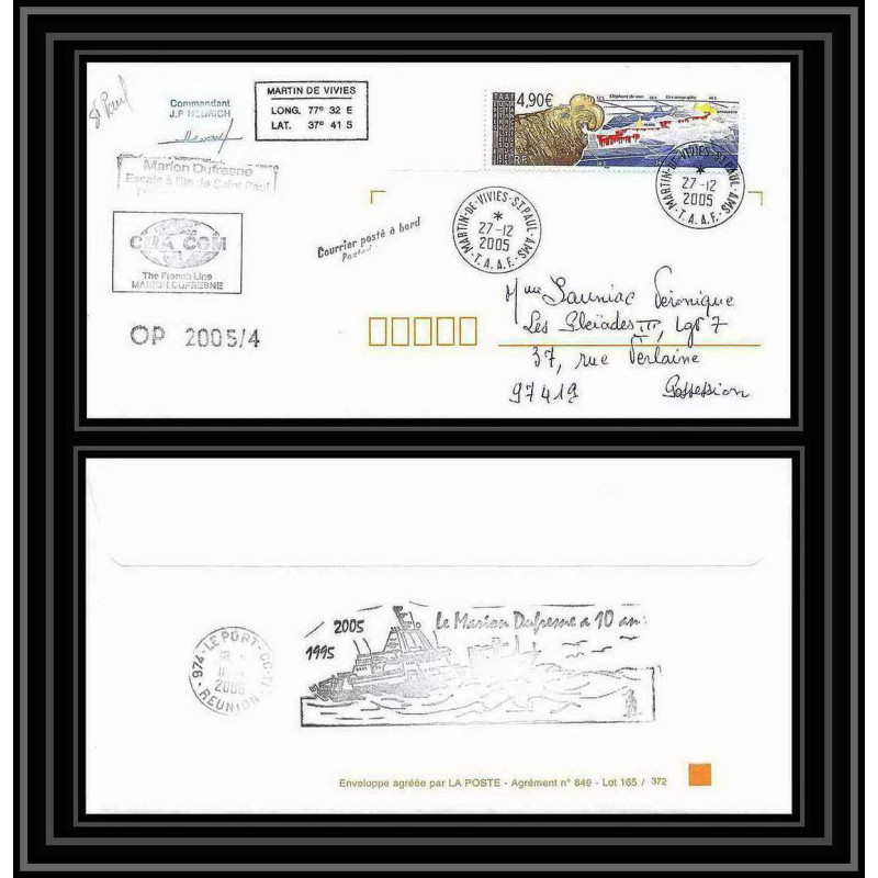 2550 ANTARCTIC terres australes TAAF lettre 10 ans du Dufresne 2 Signé signed OP 2005/4 st paul 27/12/2005 N°414