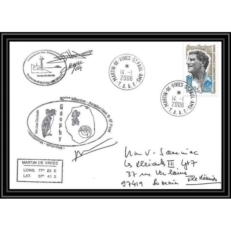 2556 ANTARCTIC terres australes TAAF lettre cover Dufresne 2 Signé signed 57 ème mission14/1/2006 N° 406